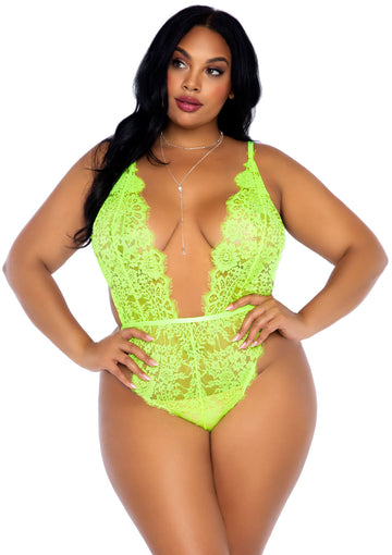 Conjunto de body con bata y mangas acampanadas en V profundo con encaje elástico